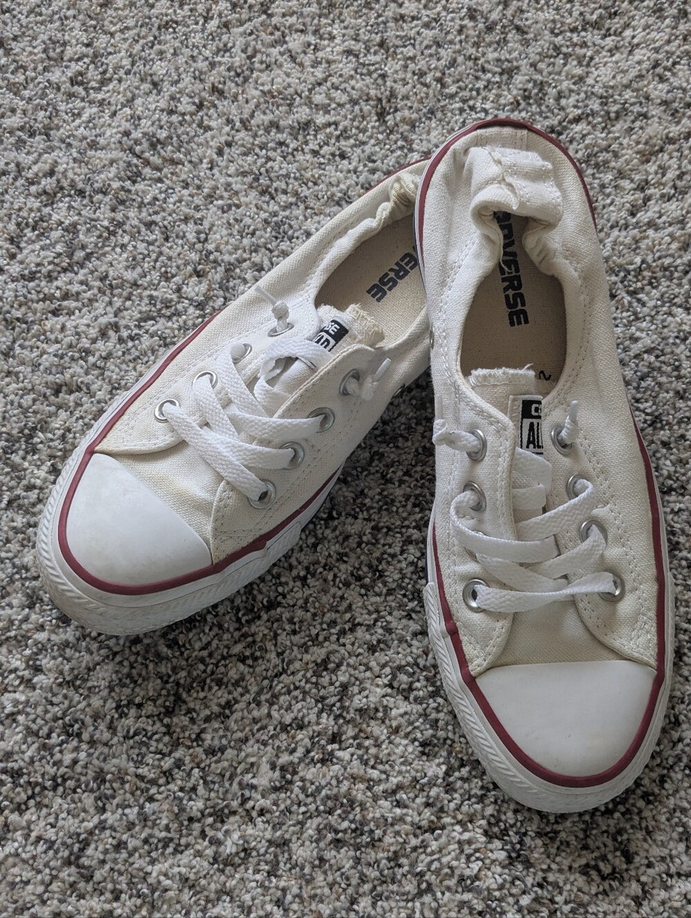 Converse White Slip On Low-Top Canvas Sneaker with Red and Navy Stripe